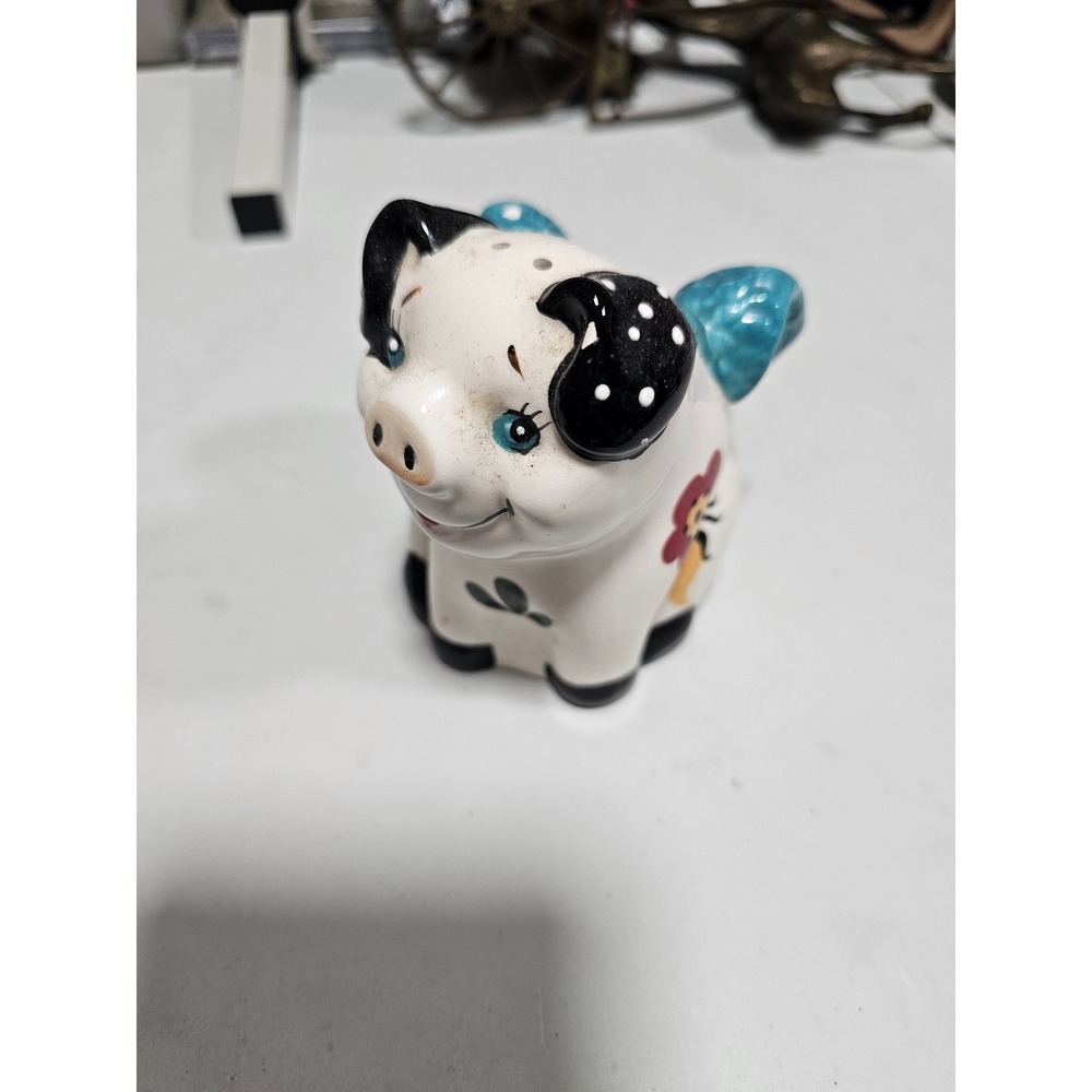 Ceramic Flying Pig Salt Pepper Shaker Blue Wings Floral Polka Dot White Black